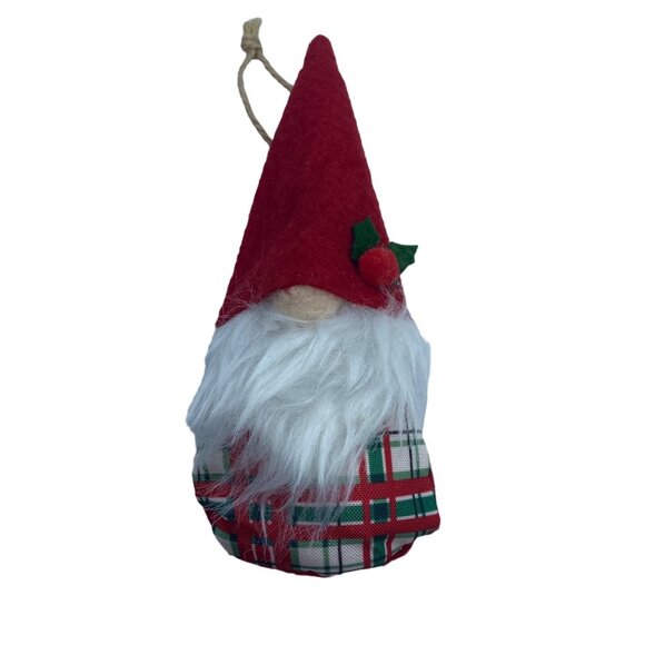 Christmas Gnome Ornament With Red Hat & Plaid Body Felt 6.5" Hanging Loop - Picture 1 of 4